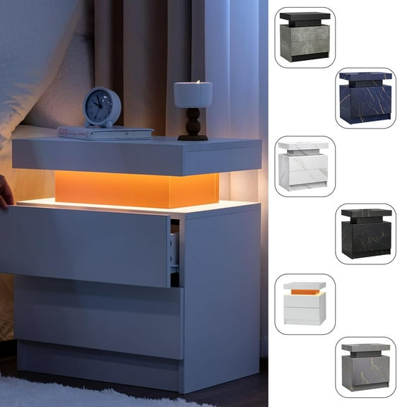 Geetinfly LED Bedside Table, Modern End Side Table With Light Strip & 2 Drawers, Bed Side Table With Storage For Home Office Living Room Bedroom Study