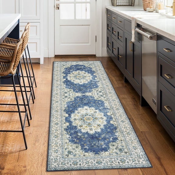 Geetinfly Machine washable non-slip-2*6FT Area Rugs-Chenille folded printed carpet-Persian-Yasong-Blue Tone Paradise