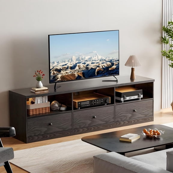 Geetinfly Modern TV Stand,70 inch Large TV Stand Cabinet for TVs up to 80 inch,with Storage Drawer & Open Shelves,for Bedroom Living Room,Black