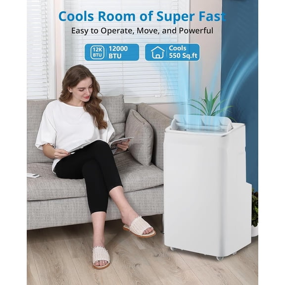 Geetinfly Portable Air Conditioner,12,000 BTU 3-In-1 Cooling Fan Dehumidifier AC for 550 Sq.Ft Rooms,45dB Ultra-Quiet Sleep Mode Remote Control 24H Timer Auto Swing for Bedroom Office,White