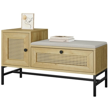 Geetinfly Rattan Shoe Bench Entryway Bench with Storage Drawer and Cabinet,Wooden Storage Bench with Linen Seat Cushion,Natural Oak
