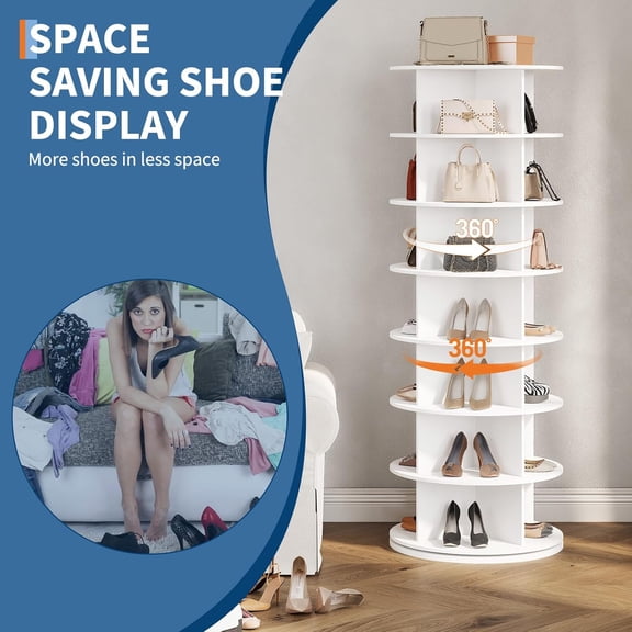 Geetinfly Rotating Shoe Rack,7 Tier 360° Revolving Free Standing Spinning Shoe Organizer Tower,Vertical Spinning Shoes Display Round Carousel,for Closet Organization,White