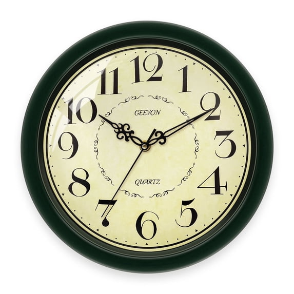 Geevon 12 IN Retro Wall Clock No Ticking Sound, Wall Clock with Quartz Accents and Vintage Patterns, Battery Operated for Kitchen, Bedroom, Office, Classroom, Living Room Decor (Dark Green)