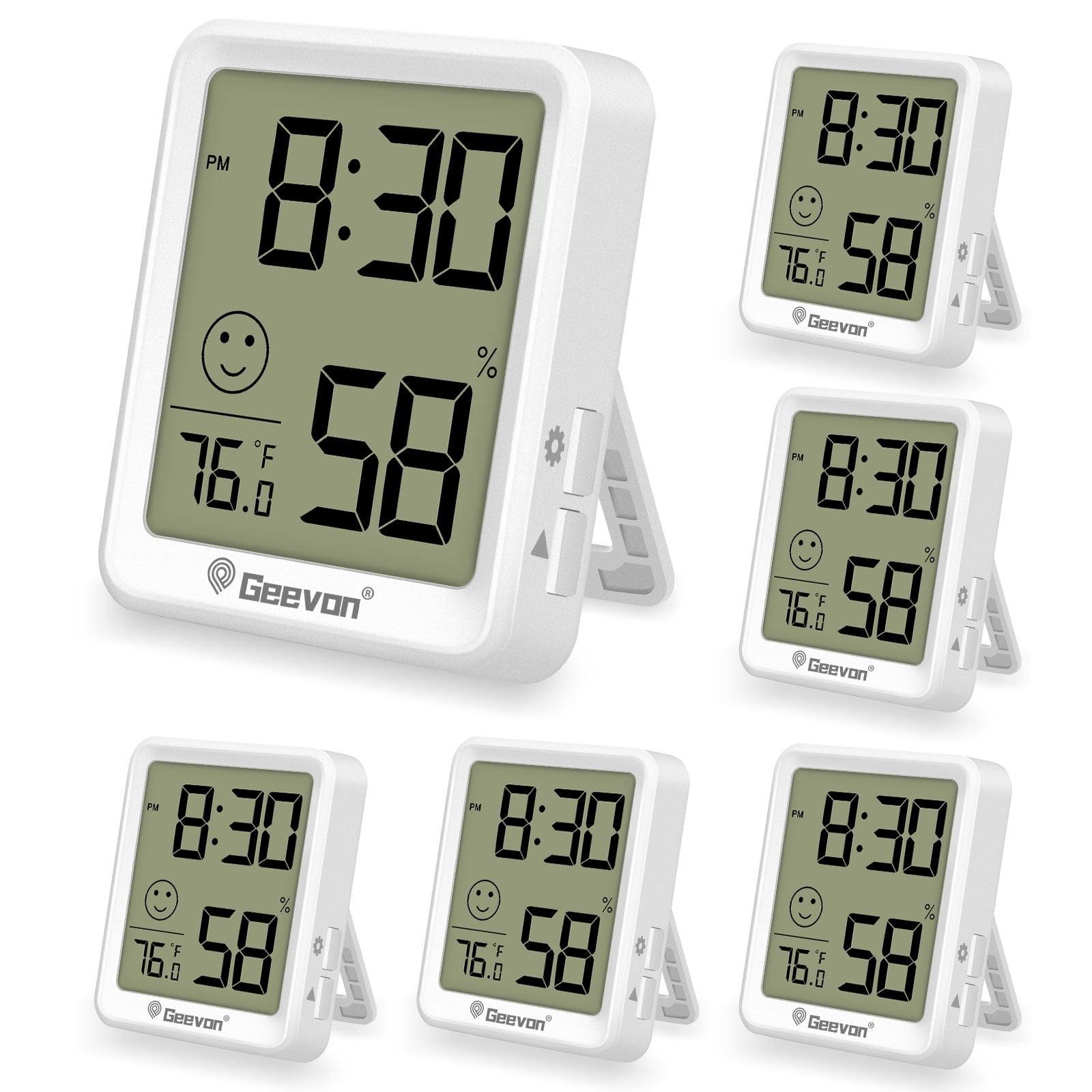 Geevon 6 Pack Digital Hygrometer Indoor Thermohygrometer, Room Thermometer Humidity Meter with Time for Home, Bedroom, Baby Room, Office, Greenhouse, Cellar (White)