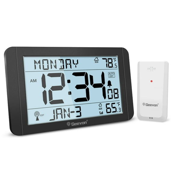 Geevon 10.8'' Atomic Clock with Indoor Outdoor Temperature, Large Display Digital Wall Clock with Wireless Sensor, for Bedroom, Office, Kitchen, Living Room, Easy for Seniors to Read