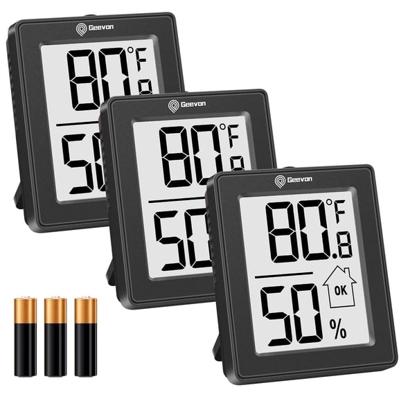 Geevon Digital Hygrometer, 3 Pack Indoor Thermometer Indoor Thermohygrometer with Battery, Digital Temperature Humidity Meter Indicator for Home, Office, Greenhouse, Mini Hygrometer(Black)
