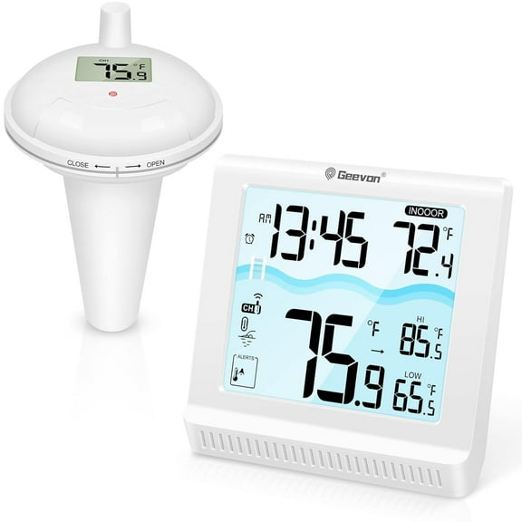 Geevon Digital Pool Thermometer Floating Easy Read, Remote Digital Pool Thermometer Wireless with High & Low Alert, 4.9" Large Display and 10S Backlit for Swimming Pool, Bath Water, Spas and Hot Tubs
