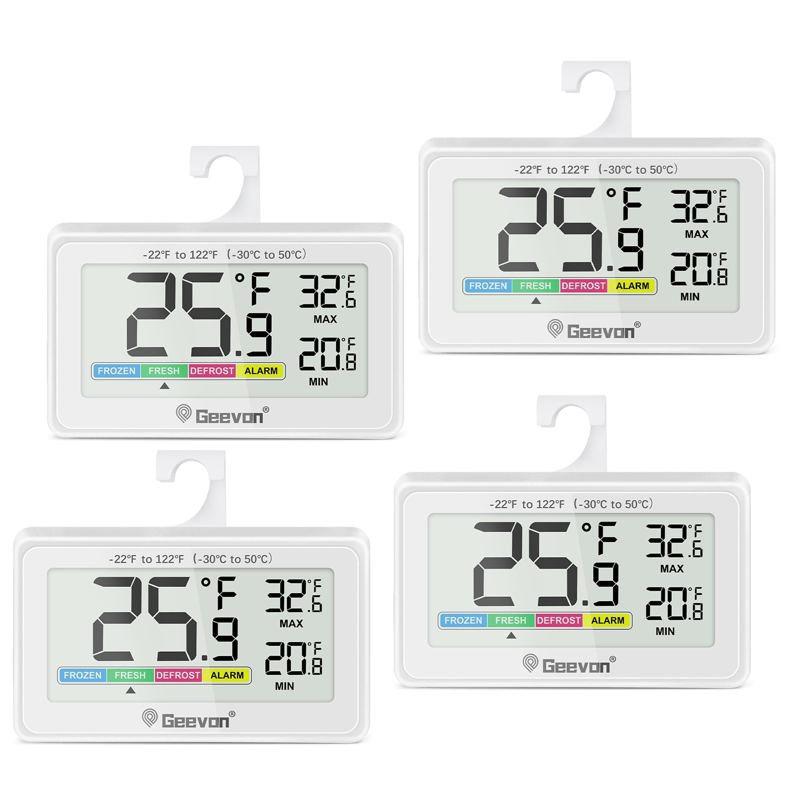 Geevon Digital Refrigerator Thermometers 4 Pack, IP65 Waterproof Fridge and Freezers Thermometer with Magnetic Back Large LCD, Max/Min Record Function for Home, Commercial