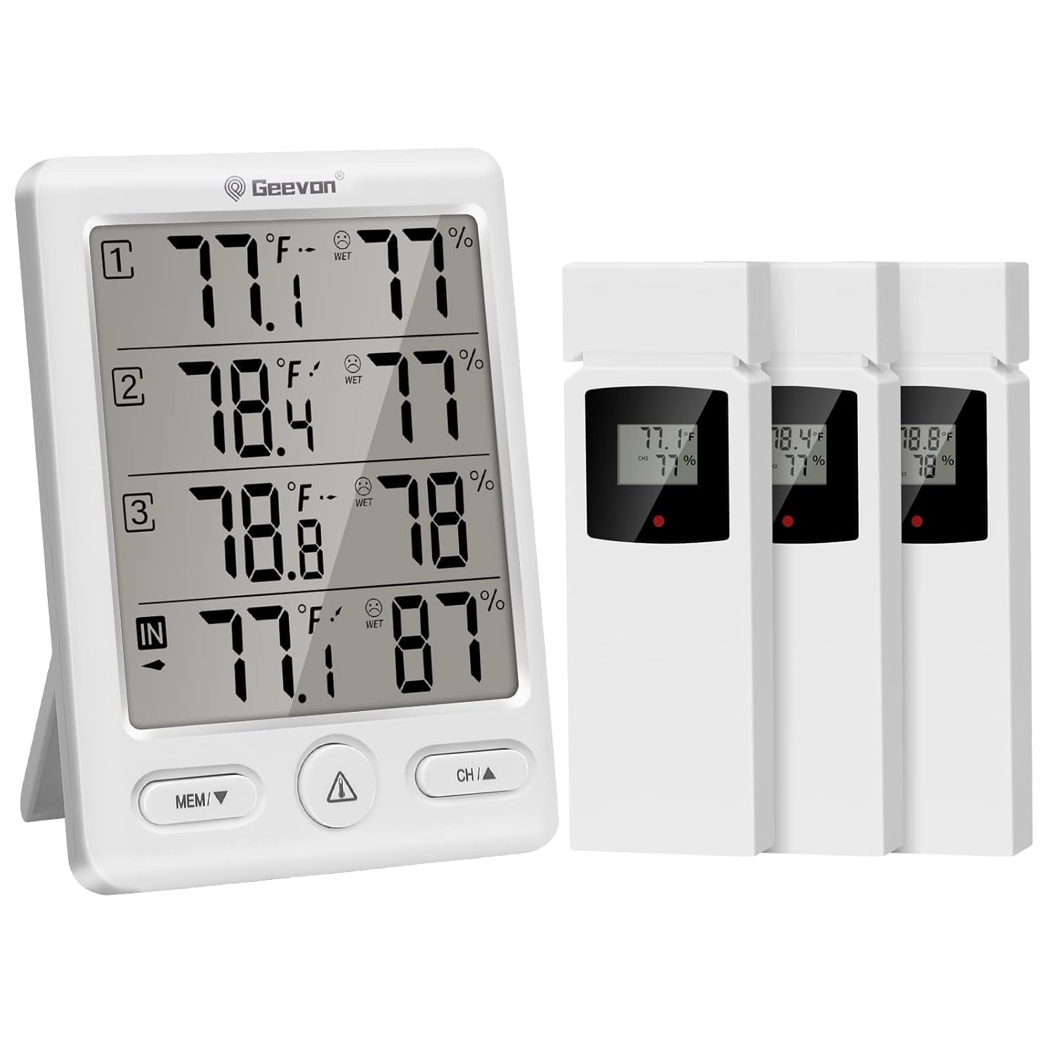 Geevon Indoor Outdoor Thermometer Wireless with 3 Remote Sensors, Wireless Thermohygrometer, Digital Temperature Humidity Meter with 200FT/60M Range(White)