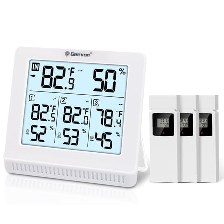 Geevon Indoor Outdoor Thermometer Wireless with 3 Remote Sensors, Wireless Thermohygrometer, Digital Temperature Humidity Meter with Backlight, 200FT/60M Transmission