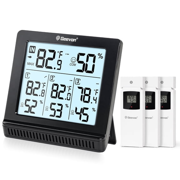 Geevon Indoor Outdoor Thermometer Wireless with 3 Remote Sensors, Wireless Thermohygrometer, Digital Temperature Humidity Meter with Backlight, 200FT/60M Transmission(Black)