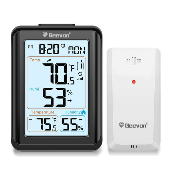 Geevon Indoor Outdoor Thermometer Wireless, Digital Temperature & Humidity Monitor with Alarm Clock, 3.8" Large Display, Backlight, 3 Channels, Battery Operated for Home, Bedroom, Greenhouse
