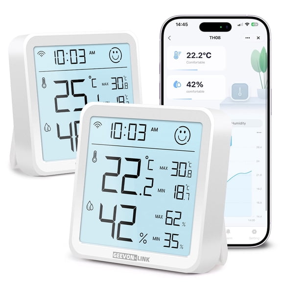 Geevon Indoor WiFi Hygrometer Thermometer, Bluetooth WiFi Humidity Temperature Gauge with Large LCD Display, with Max Min Records, Historical Data Storage and Export for Room Greenhouse(2 Pack )
