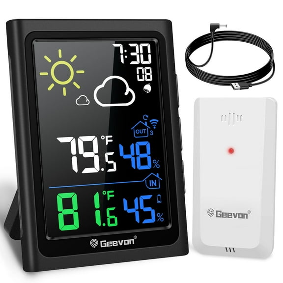 Geevon Indoor Outdoor Thermometer Wireless Weather Station with Color Display, Digital Hygrometer Temperature Humidity Monitor with Alarm Clock and Backlight