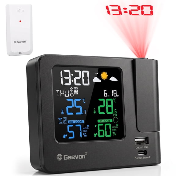 Geevon Projection Alarm Clock with Indoor Outdoor Thermometer, Projection Clock for Bedroom Ceiling, Dual Alarms, Colored Backlight, Bedroom Weather Forecast