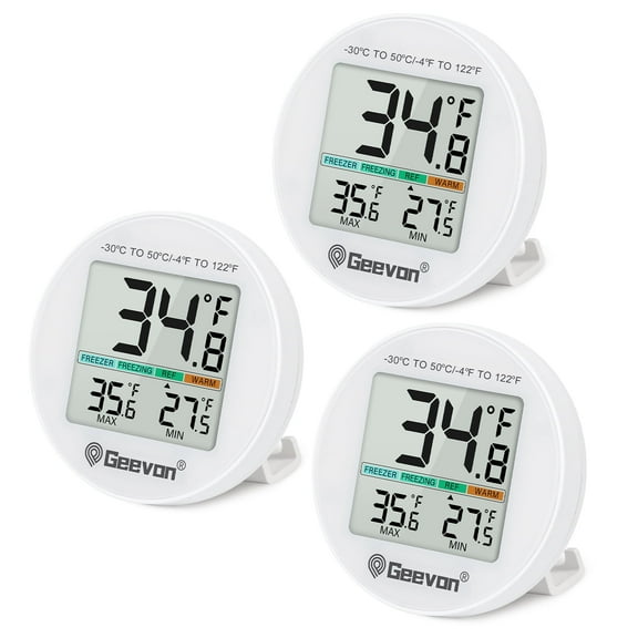Geevon Small Digital Refrigerator Thermometer 3 Pack, IP65 Waterproof Max/Min Record Function with LCD Screen, Stand and Magnetic Back, for Fridge, Freezer Scenarios(Battery Included)