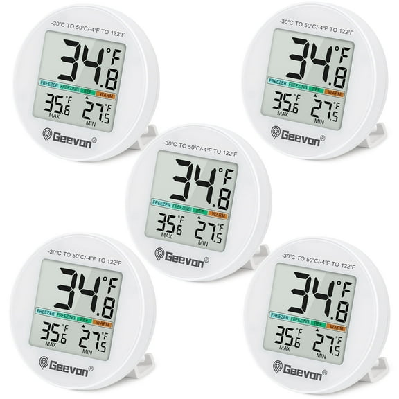Geevon Small Digital Refrigerator Thermometer 5 Pack, IP65 Waterproof Commercial and Home Use, Max/Min Record Function with LCD Screen, Stand and Magnetic Back, for Fridge, Freezer Scenarios
