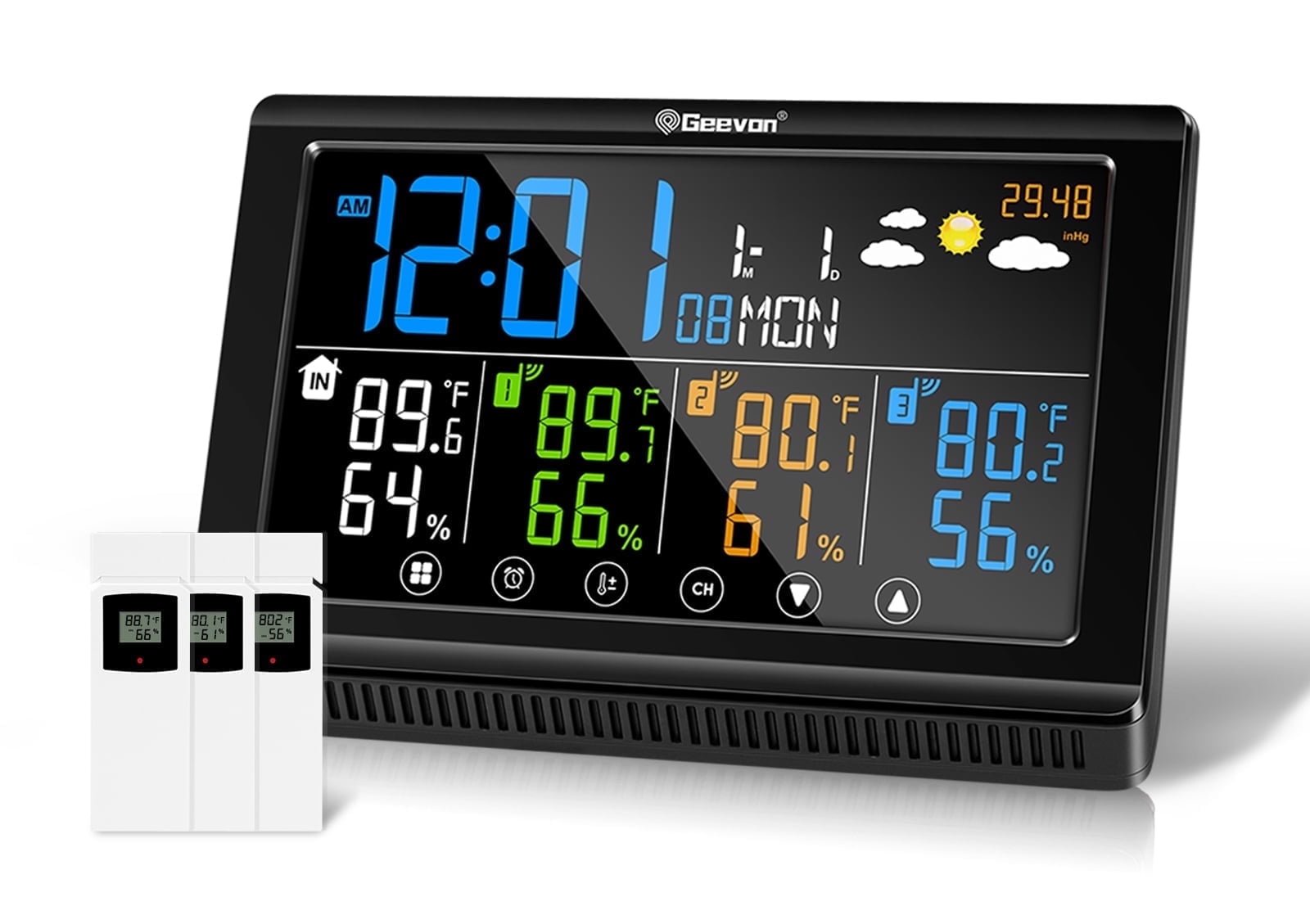 Geevon Weather Station Wireless Indoor Outdoor Thermometer 3 Sensors, Color Display Digital Temperature Humidity Monitor with Barometer, Calendar, USB Charge and Adjustable Backlight(350view angle)