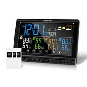Geevon Weather Station Wireless Indoor Outdoor Thermometer 3 Sensors, Color Display Digital Temperature Humidity Monitor with Barometer, Calendar, USB Charge and Adjustable Backlight350 view angle