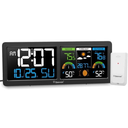 Geevon Weather Station Wireless Indoor Outdoor Thermometer with Atomic Clock, HD Color Display Digital Temperature Humidity Monitor with Barometer, Comfort Indicator, and Adjustable Backlight