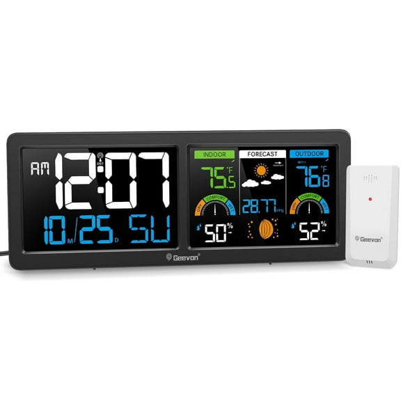 Geevon Weather Station Wireless Indoor Outdoor Thermometer with Atomic Clock, HD Color Display Digital Temperature Humidity Monitor with Barometer, Comfort Indicator, and Adjustable Backlight