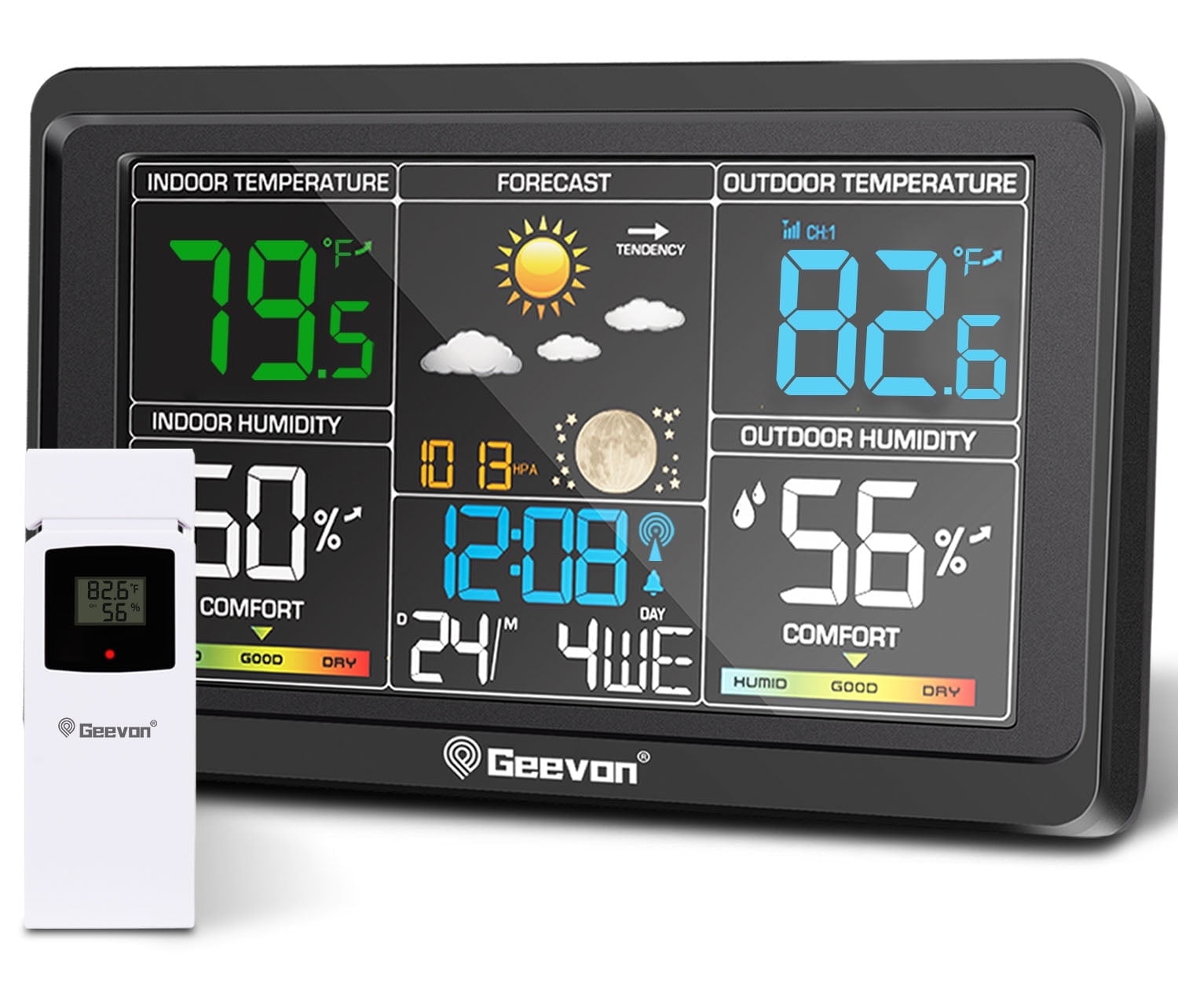 Geevon Weather Station Wireless Indoor Outdoor Thermometer, Color Display Digital Weather Thermometer with Alarm Clock, Barometric Pressure, Calendar, USB Charge, and Backlight(350°view angle)