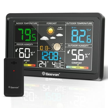 Geevon Weather Station Wireless Indoor Outdoor Thermometer, Color Display Digital Weather Thermometer with Atomic Clock, Barometric Pressure, Calendar, USB Charge, and Adjustable Backlight