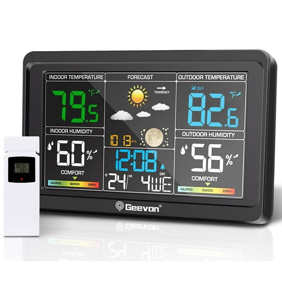 Geevon Weather Station Wireless Indoor Outdoor Thermometer, Color Display Digital Weather Thermometer with Atomic Clock, Barometric Pressure, Calendar, USB Charge, and Backlight(350°view angle)