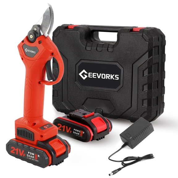 Geevorks 21V Cordless Electric Pruner Efficient Fruit Tree Bonsai Pruning Branches Cutter Landscaping Tool with 2 Lithium Batteries and EU Adapter Plug 0.98in 25mm Cutting Capacity Red