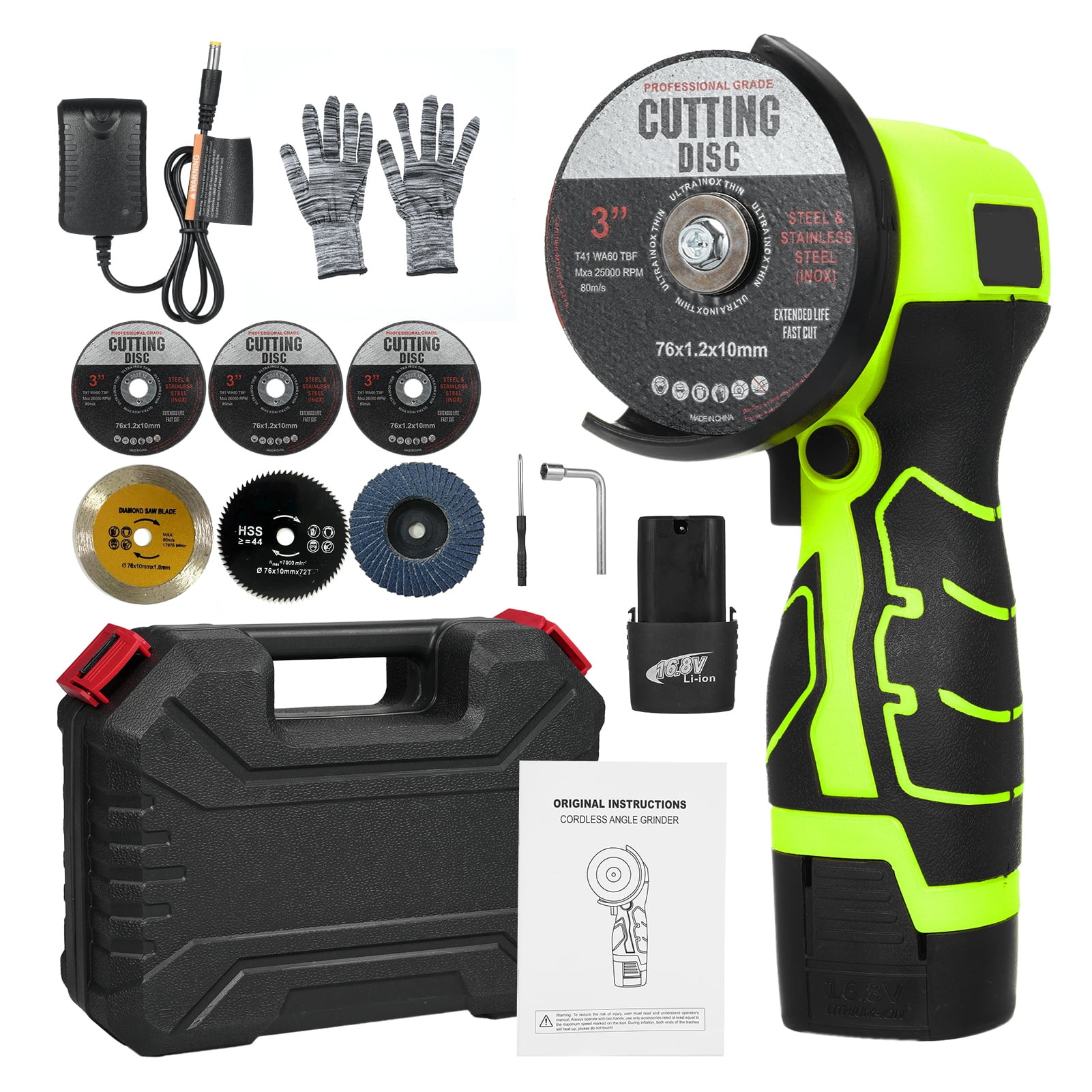 Geevorks Angle Grinder Tool, 7000rpm Mini Electric Angle Grinding Tool with 2pcs 16.8V 2000mAh Batteries and Cutting Discs, Grinder Handheld Cutter for Metal Wood