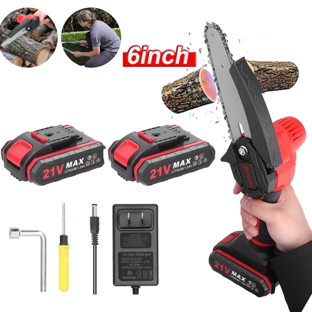 Geevorks 6 inch Mini Chainsaw with 2pcs 21V Batteries, , Electric Cordless Chainsaw Set with Security Lock for Wood Cutting Tree Pruning Trimming, Black
