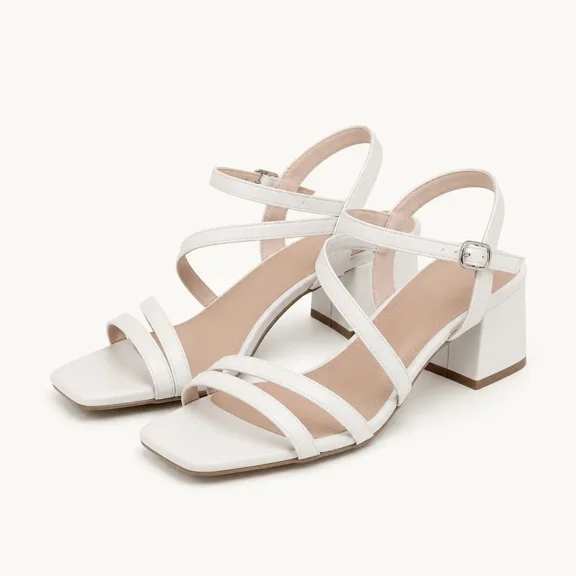 Geeyea women’s White Strappy Block Heel Sandals, Square Toe Open Toe Low Heel Dress Sandals with Adjustable Ankle Strap, PU Upper & PVC Sole, Elegant Office, Date Night & Spring Summer Shoes