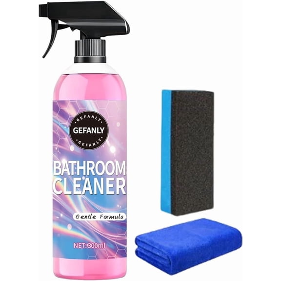 Gefanly Bathroom Cleaner, 1Pcs Powerful Pink Bathroom Cleaner Spray, Long-Lasting Bathrooms Descaler Foam Cleaners for Tub Floor Tile Sink & Shower (with Sponge&Towel)