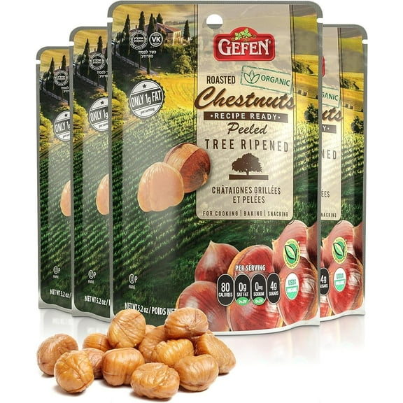 Gefen Organic Whole Peeled and Roasted Chestnuts, 5.2oz 4 Pack Chestnuts Peeled and Ready to Eat Great for Cooking & Baking Gluten Free Kosher