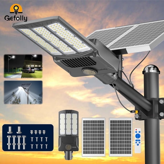 Gefolly 15000W Solar Street Lights, 1950000 LM, Dusk to Dawn, IP67 Waterproof for Outdoor Courtyard, Patio, Road