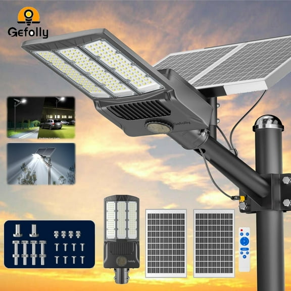 Gefolly 15000W Solar Street Lights, 1950000 LM, Dusk to Dawn, IP67 Waterproof for Outdoor Courtyard, Patio, Road