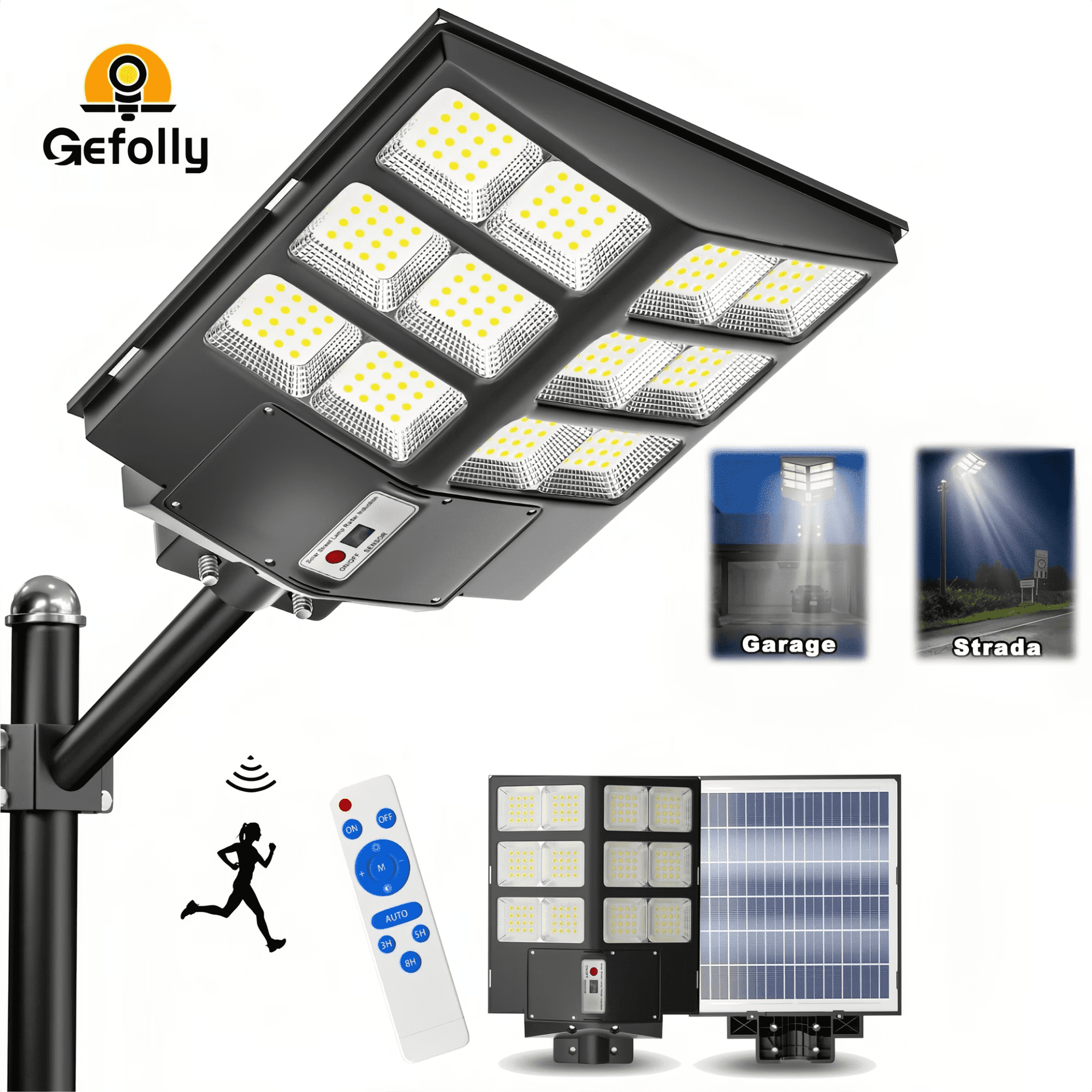 Gefolly Solar Street Light Outdoor, LED Security Light with Motion Sensor, IP67 Waterproof Solar Parking Lot Light with Remote Control