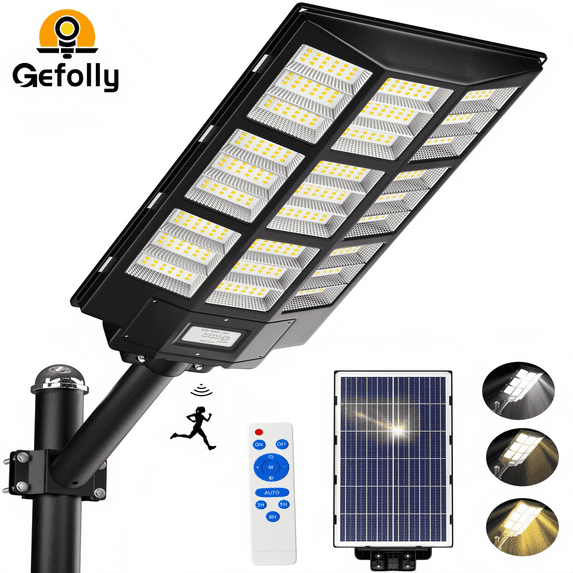 Gefolly 12800W Solar Street Light, Outdoor Waterproof Dusk to Dawn LED Parking Lot Light with Motion Sensor