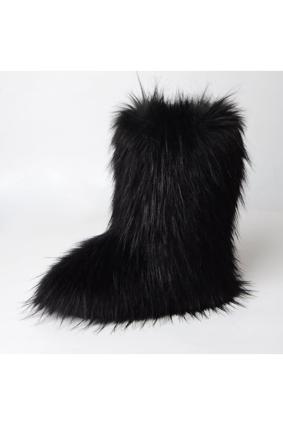 Women's Faux fur Boot Furry Fluffy Short Snow Boot Mid-Calf Boots Warm Comfortable Outdoor Flat Shoes