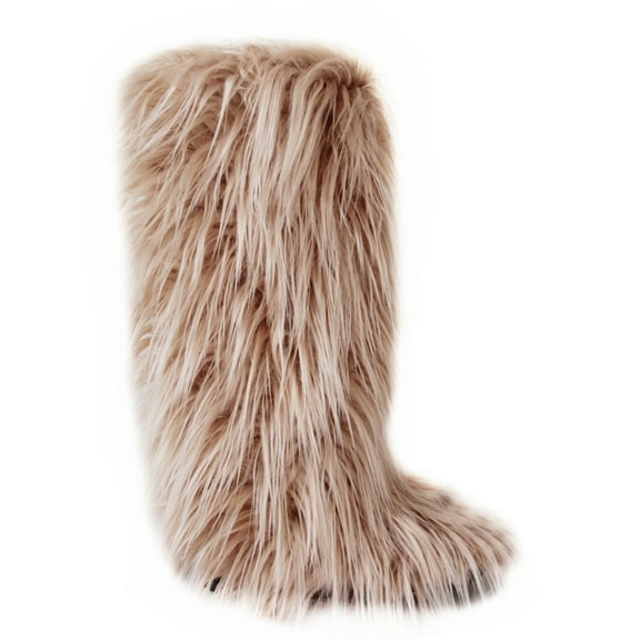 Gegefur Women's Furry Fluffy Boot Faux Fur Long Snow Boot Knee High Boots Warm Comfortable Outdoor Flat Shoes