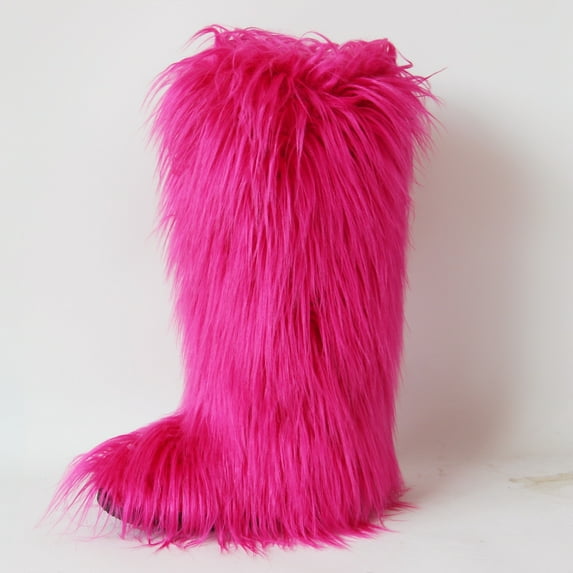 Gegefur Women's Furry Fluffy Boot Faux Fur Long Snow Boot Knee High Boots Warm Comfortable Outdoor Flat Shoes