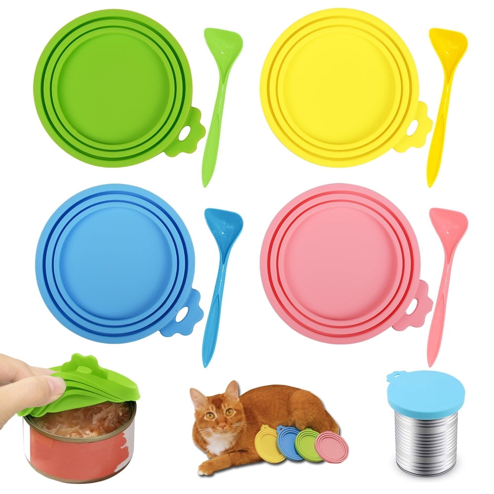 Gegong 8Pieces Pet Food Can Lids with Spoons, Universal Can Cover, Silicone Safe-Material BPA-Free Supermarket Can Lid 4 Colors Applicable Can Diameter :(6.5cm & 7.5cm & 8.5cm)