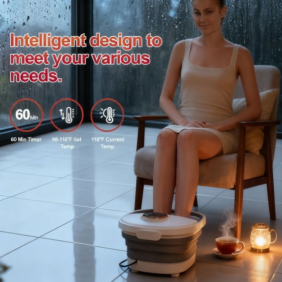 Gehana Foot Spa Massager with Heat, Red Light Therapy & Bubble Jets - Digital Display Foot Bath with Roller Massage for Stress Relief, Collapsible Design for Home Use