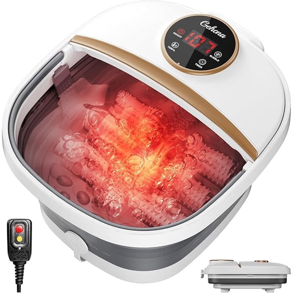 Gehona Black Foldable Heated Foot Spa, Foot Massager with Temperature Control, Bubble Function, Red Light, and Timer.