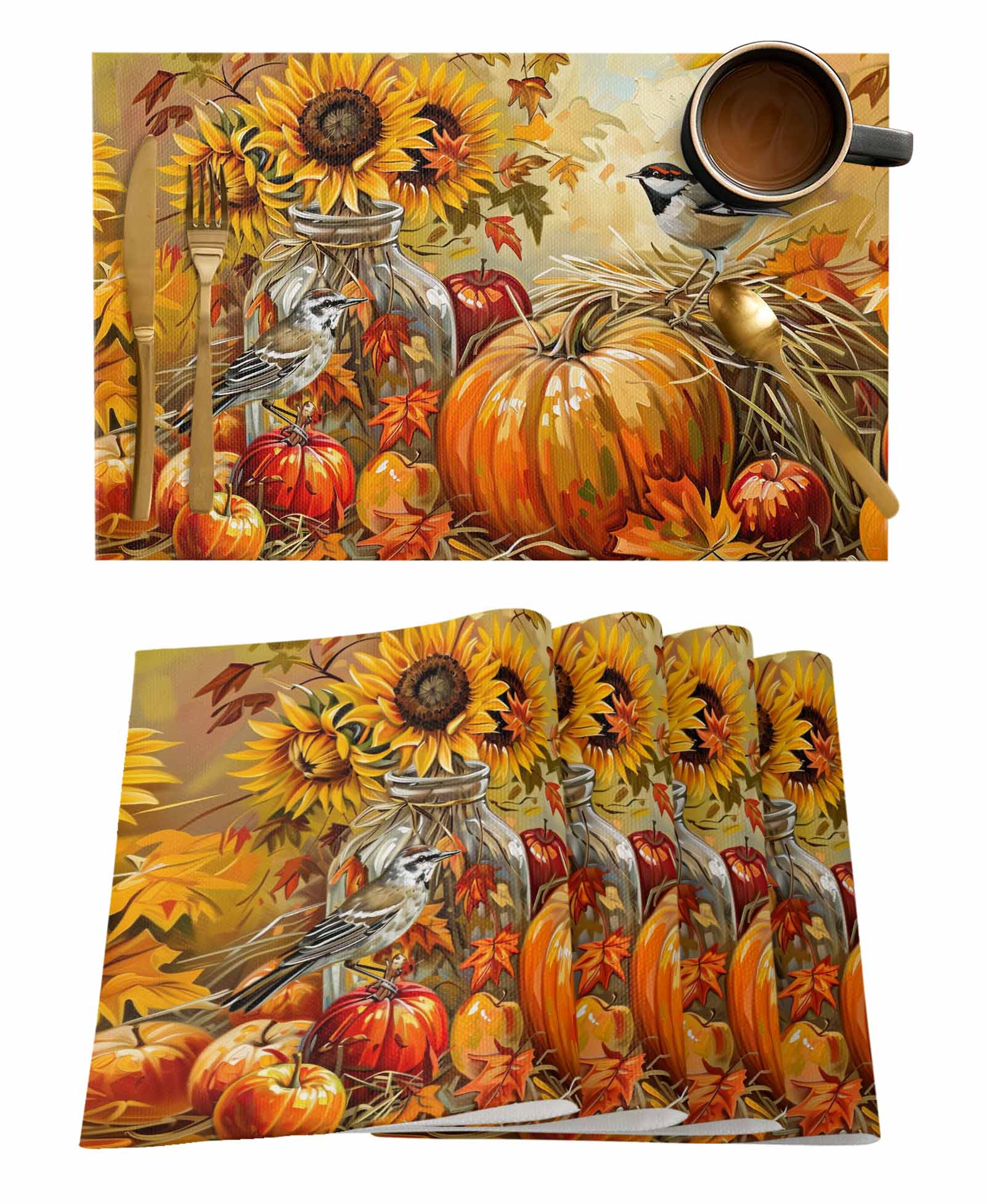 Gehucoxee Fall Pumpkins Placemats for Dining Table Set of 4 Linen Place