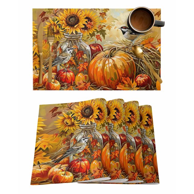 Gehucoxee Fall Pumpkins Placemats for Dining Table Set of 4 Linen Place