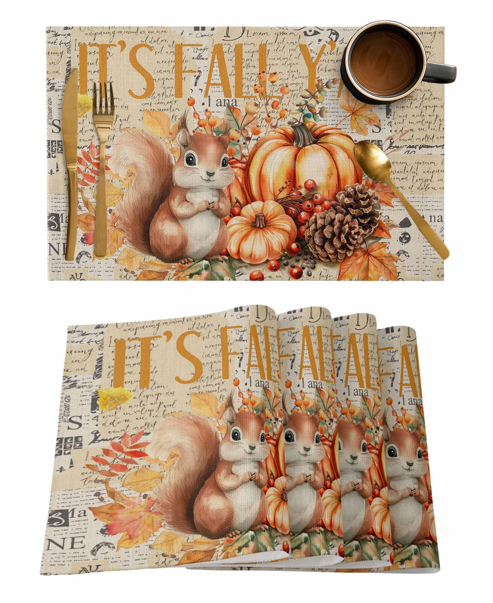 Gehucoxee Fall Squirrel Pumpkins Placemats for Dining Table Set of 6