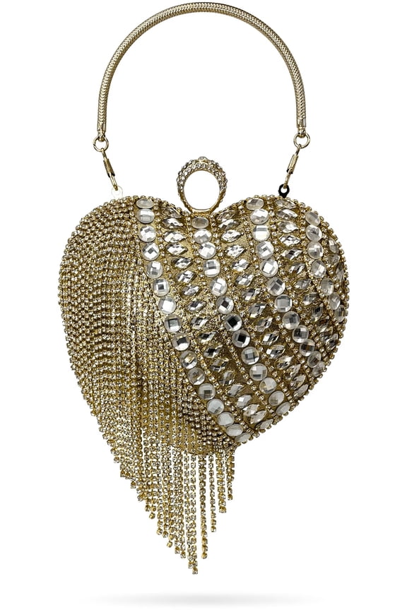 Heart Shape Tassel Evening Clutch Bag, Women Luxury Rhinestones Purse Handbag for Wedding Party