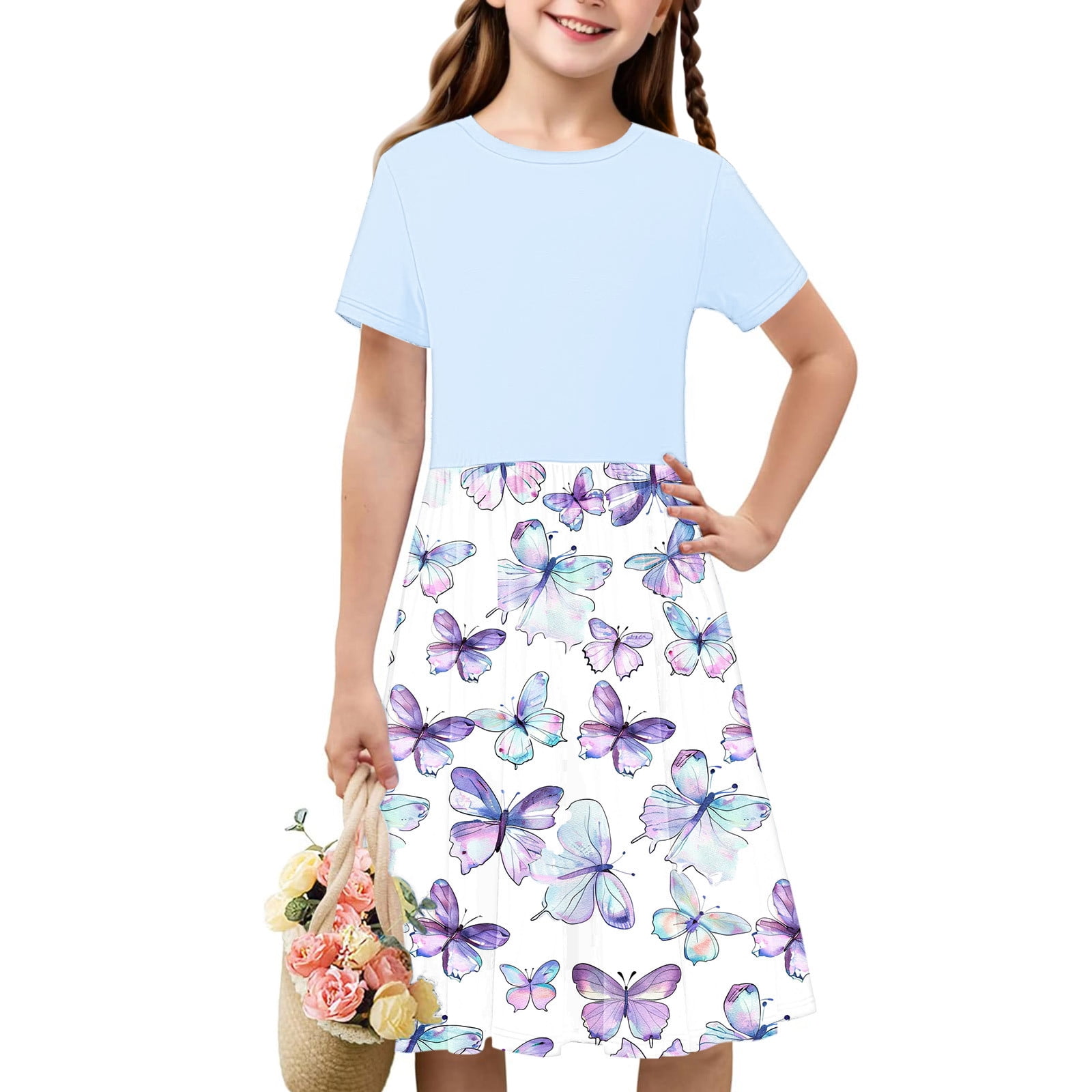 Geire Girls 2025 Summer Dresses Short Sleeve Butterfly Print Flowy A