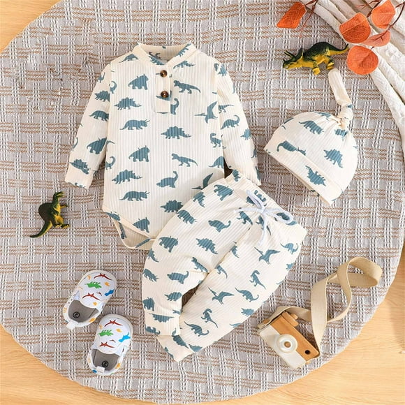 Geire Newborn Baby Dinosaur Onesie Outfit Suit Girls Boys Long Sleeve Short Romper & Long Pants with Hat Size 0-1Y